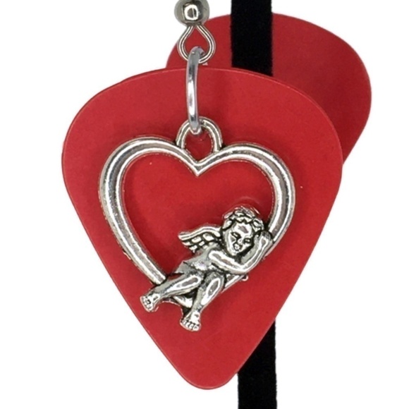 HAND Crafted Drop Earrings Recycled Guitar Pick Cherub Sleeping in Heart New - Picture 4 of 8